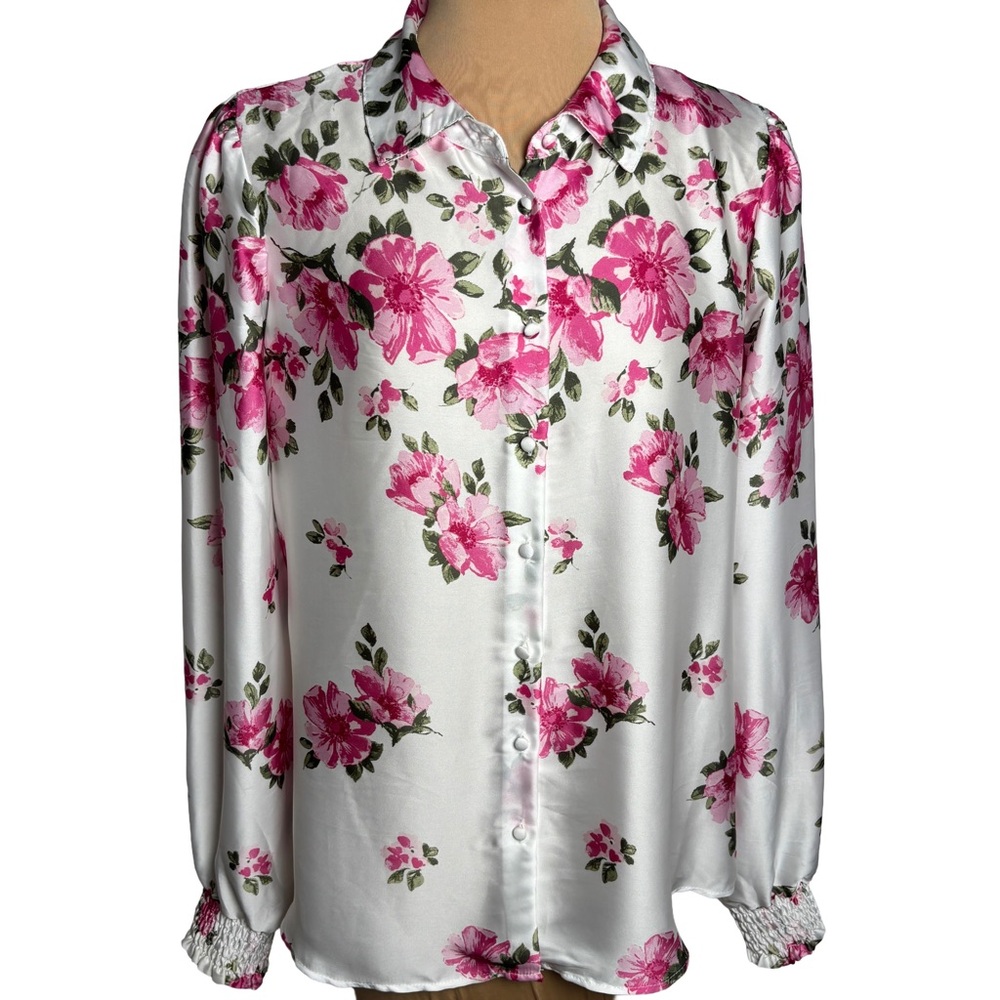 Joie Silk Floral Blouse Pink White Button Front Long Sleeve Size M